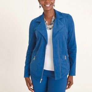 Chico's Women's Blue Faux Suede Moto Jacket Zip Front 8/10 M Office Career